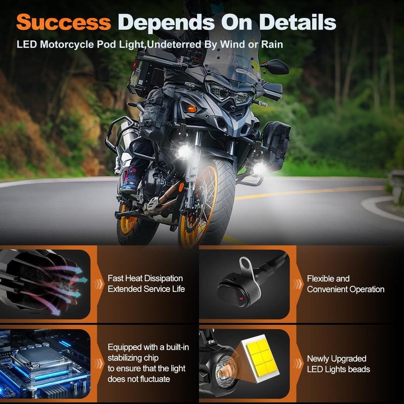 LEDMIRCY Motorcycle Auxiliary Lights, Motorcycle Driving Lights With Switch Wiring Harness Kit Fog Spot Light Waterproof and Shockproof Exploradoras LED Para Moto with Mount Brackets for ATV Snowmobile - Image 2